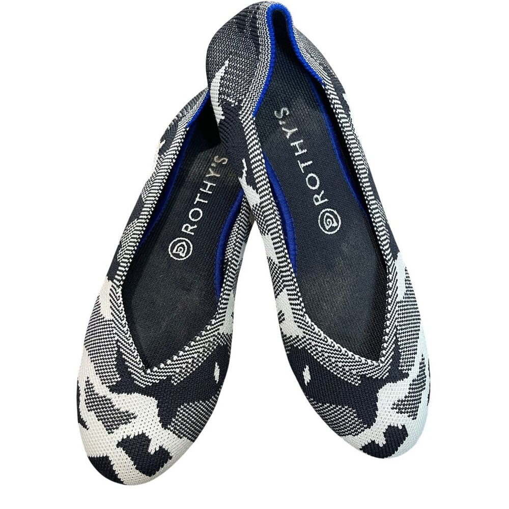 Rothy's The Round Toe Shoes Women's Size 9 Flats Winter Camo Print‎ Black White